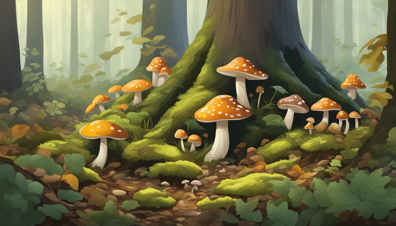 A dense forest floor with various types of mushrooms growing among the fallen leaves and moss