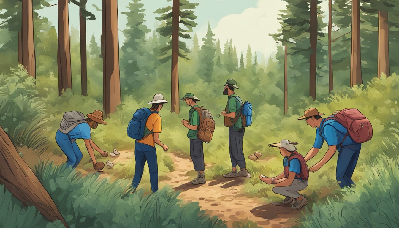 A group of people in New Mexico exploring the forest, gathering mushrooms for educational purposes