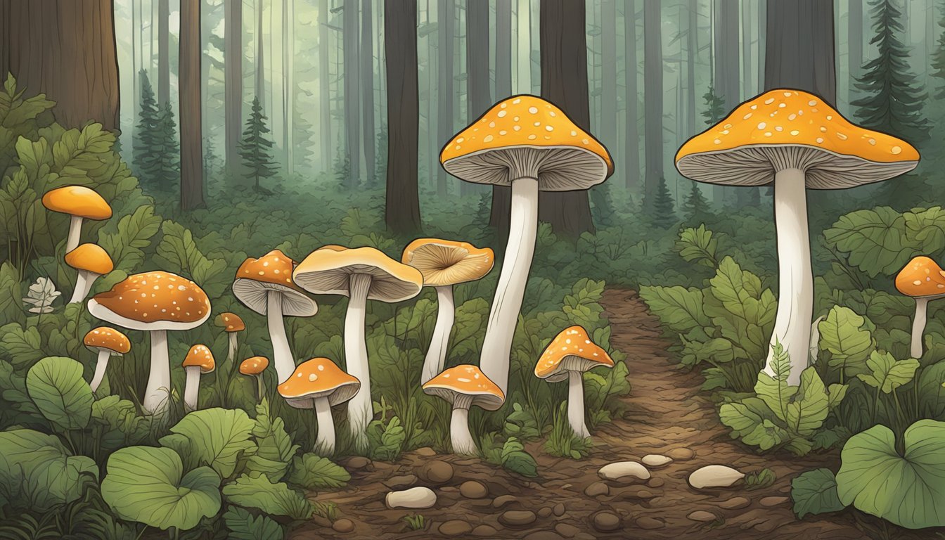 A variety of mushrooms growing in a forest clearing in North Dakota