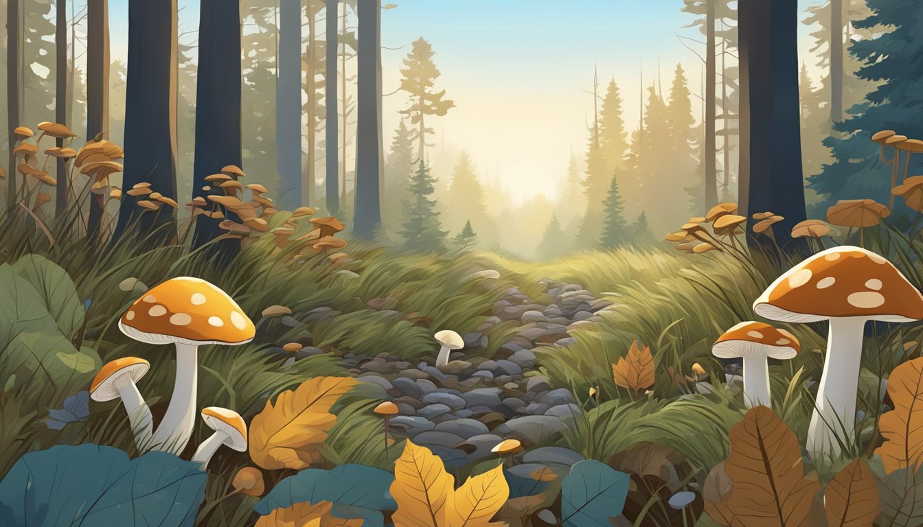 A dense forest floor with various types of mushrooms growing among fallen leaves and tall grasses. The scene is set in North Dakota with a clear blue sky above