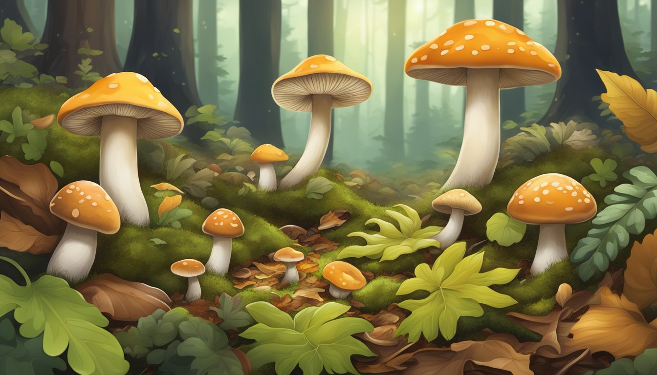 A lush forest floor with various types of edible mushrooms growing among fallen leaves and moss