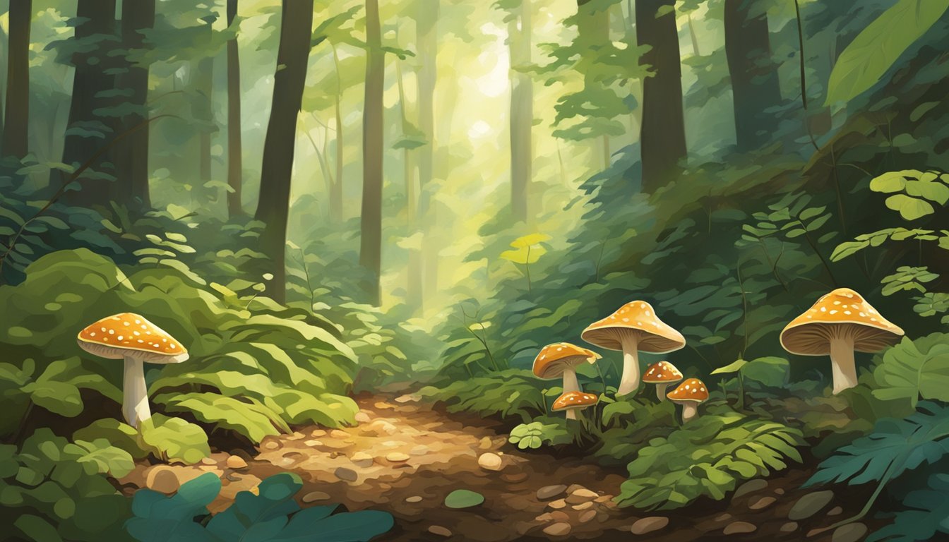 A lush forest floor in North Carolina, dappled with sunlight filtering through the trees. Various types of mushrooms sprout from the damp earth, creating a colorful and diverse hunting ground