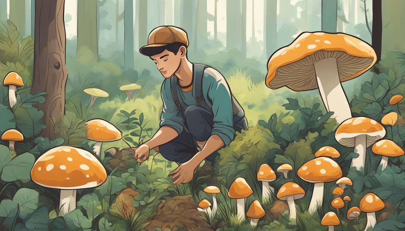 A person carefully picking mushrooms in a forest clearing, surrounded by trees and foliage