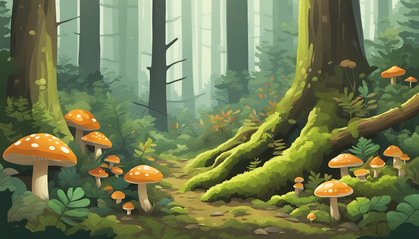 A dense forest floor with fallen leaves and moss-covered logs, dotted with various types of mushrooms in different shapes, sizes, and colors