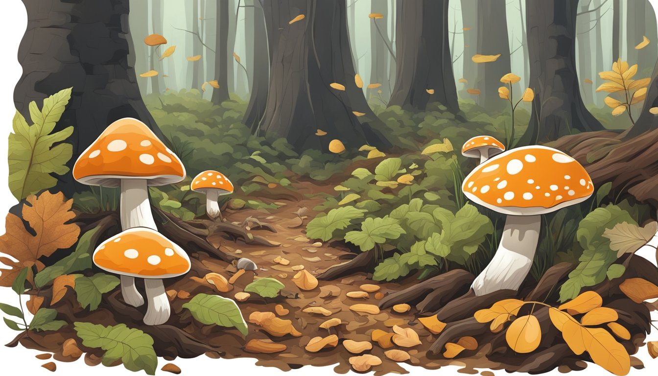 A forest floor with various types of mushrooms growing among fallen leaves and tree roots, with a cautious forager examining them