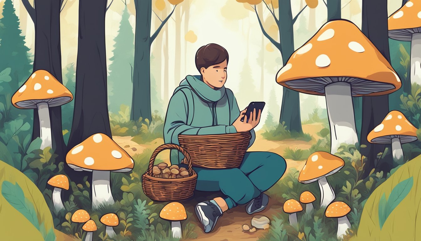 A person in a forest, holding a basket, surrounded by trees and mushrooms, while interacting with an online community on a smartphone