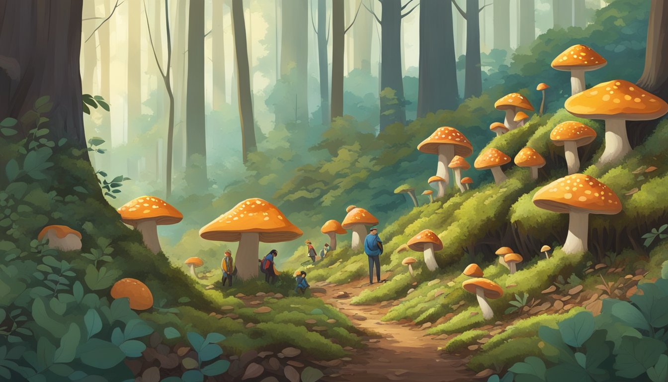 A group of people gather in a lush forest, carefully searching for mushrooms among the fallen leaves and mossy ground. The vibrant colors of the fungi stand out against the earthy tones of the woodland