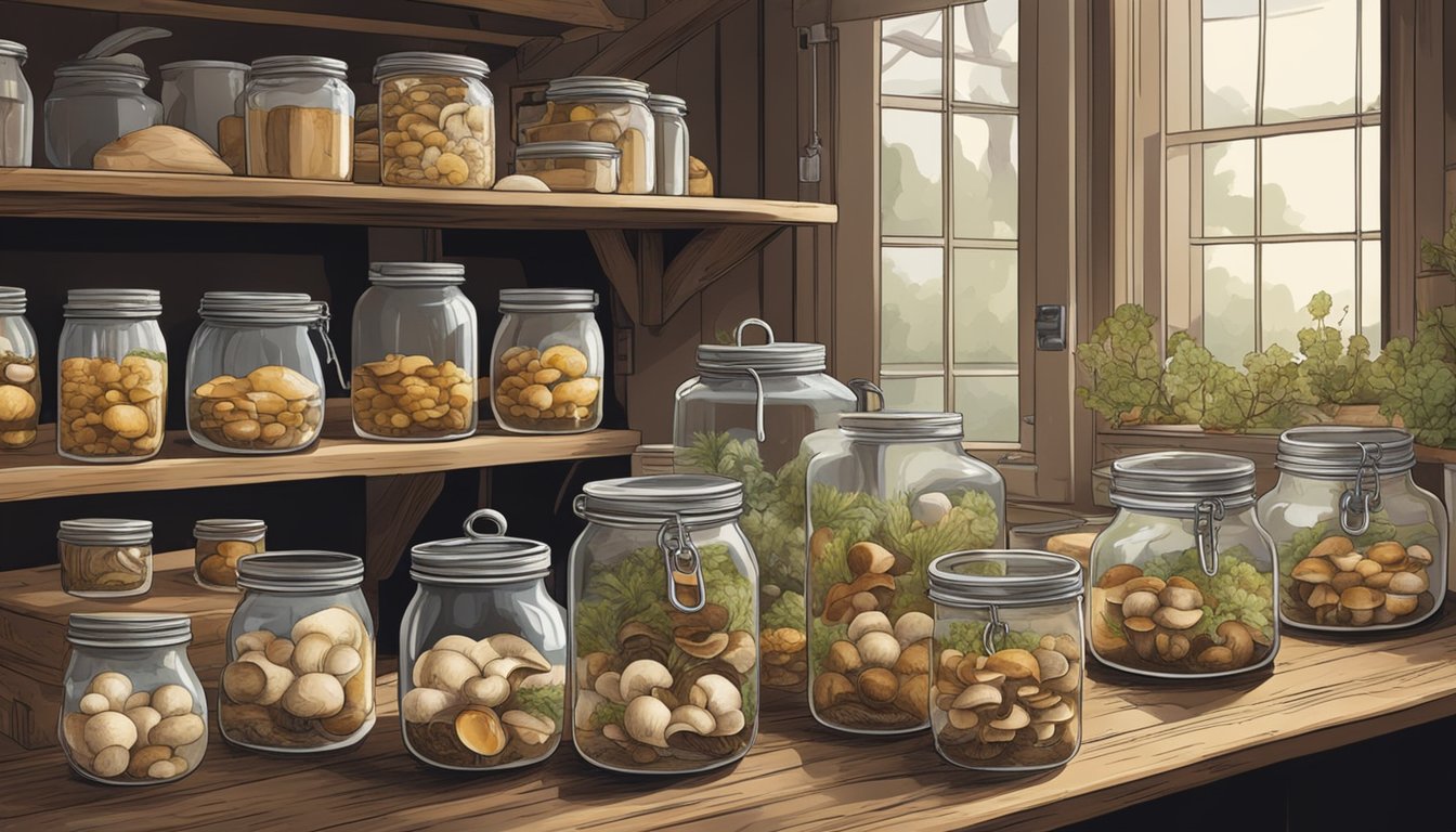 A rustic kitchen with foraged mushrooms being cleaned, sliced, and preserved in jars