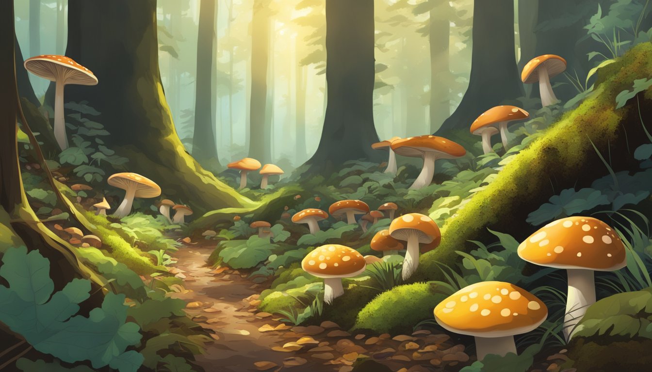 A dense forest floor with various types of mushrooms growing among fallen leaves and moss. Sunlight filters through the canopy, illuminating the diverse ecosystem of Oregon