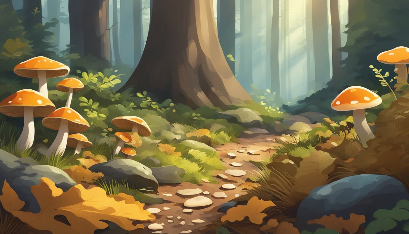 A forest floor with various types of mushrooms growing among fallen leaves and moss. Sunlight filters through the trees, casting dappled shadows on the ground