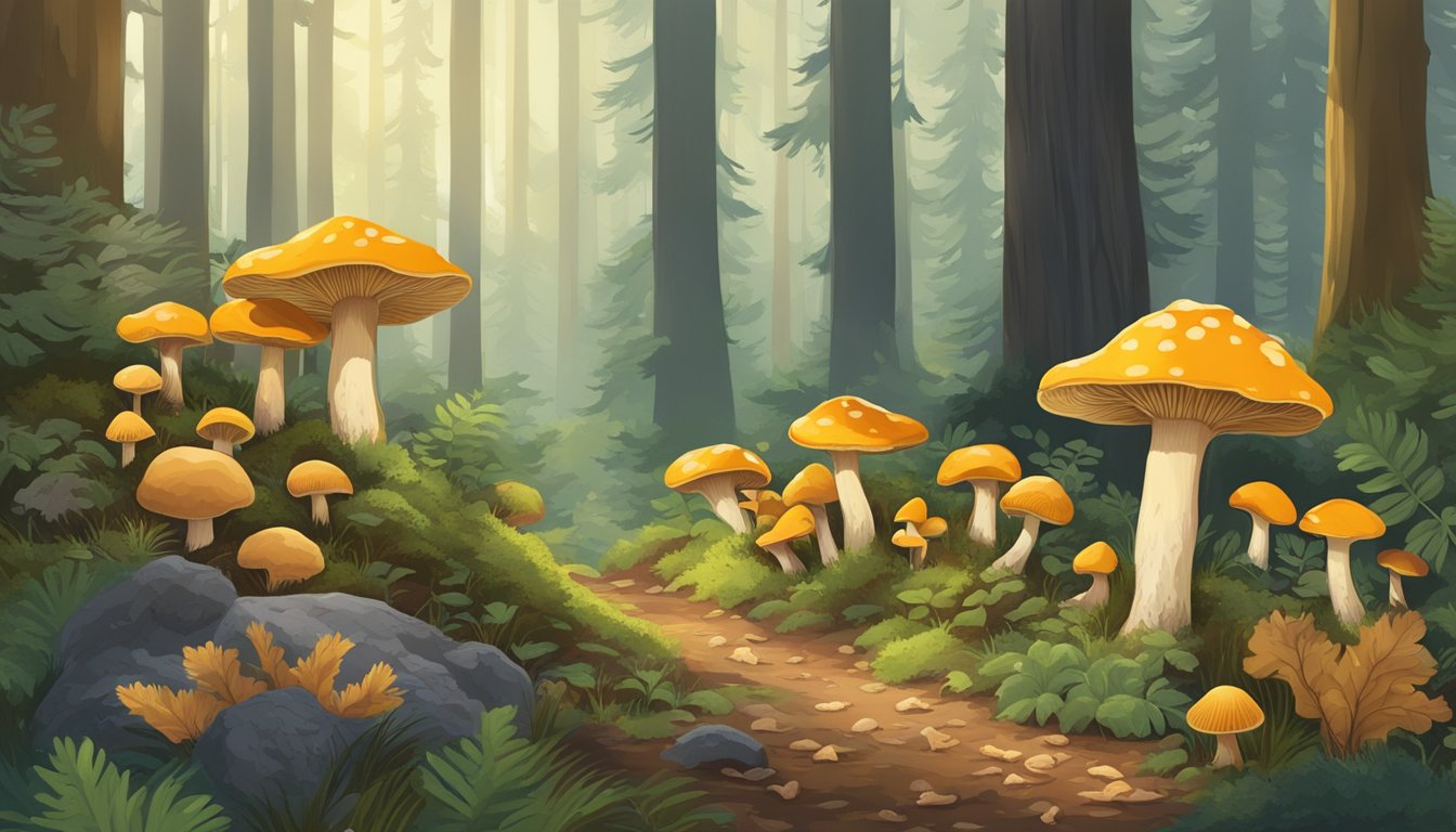 A lush forest floor in Oregon, dotted with various edible mushrooms such as chanterelles, morels, and porcini, surrounded by towering trees and dappled sunlight