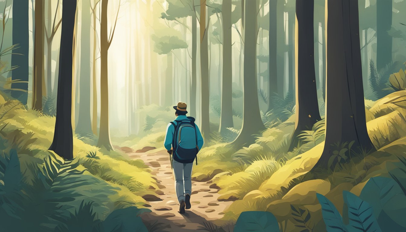 A person walking through a forest, carefully examining the ground for mushrooms, while surrounded by trees and wildlife