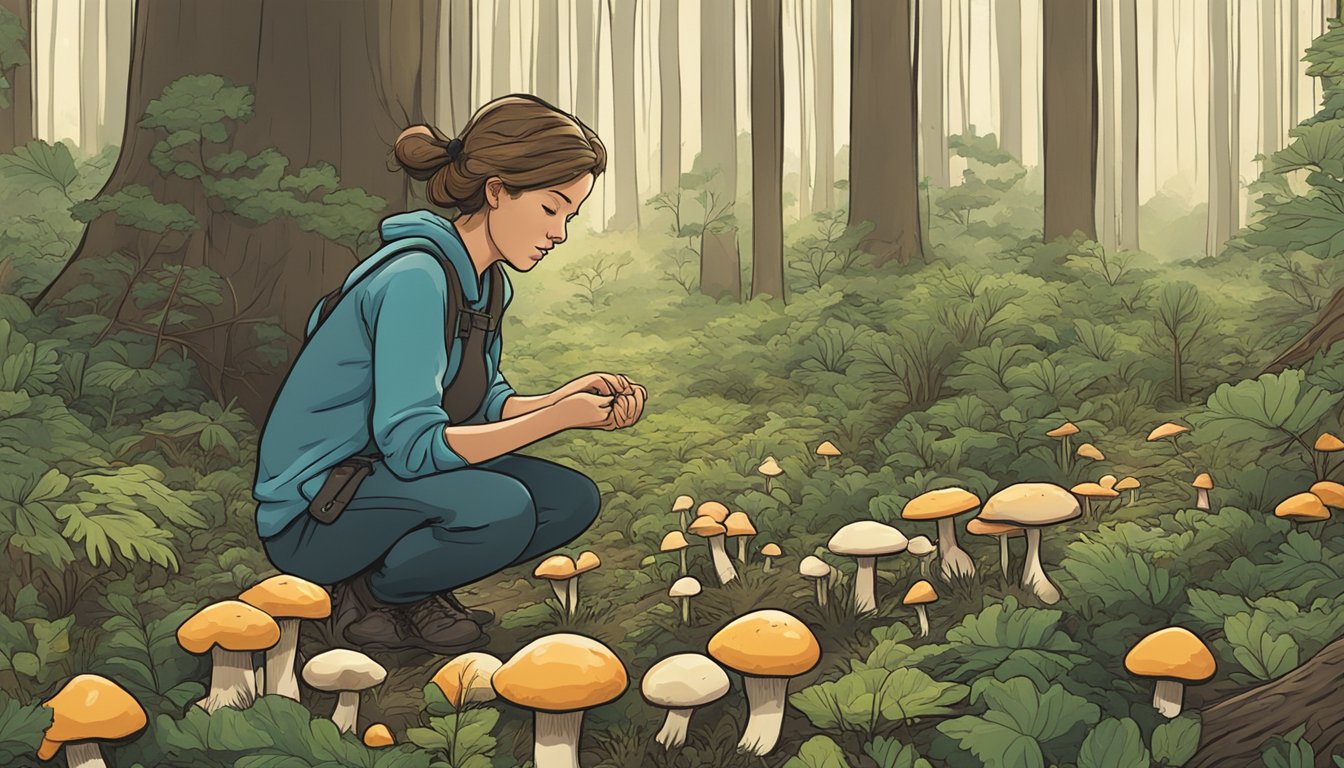 A person in a forest, kneeling to examine a cluster of wild mushrooms growing on the forest floor. Surrounding trees and foliage provide a natural backdrop