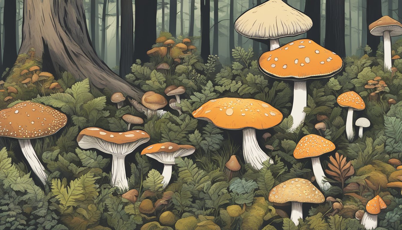 A forest floor with a variety of mushrooms, some identified as poisonous, and a person using a guidebook to distinguish between them