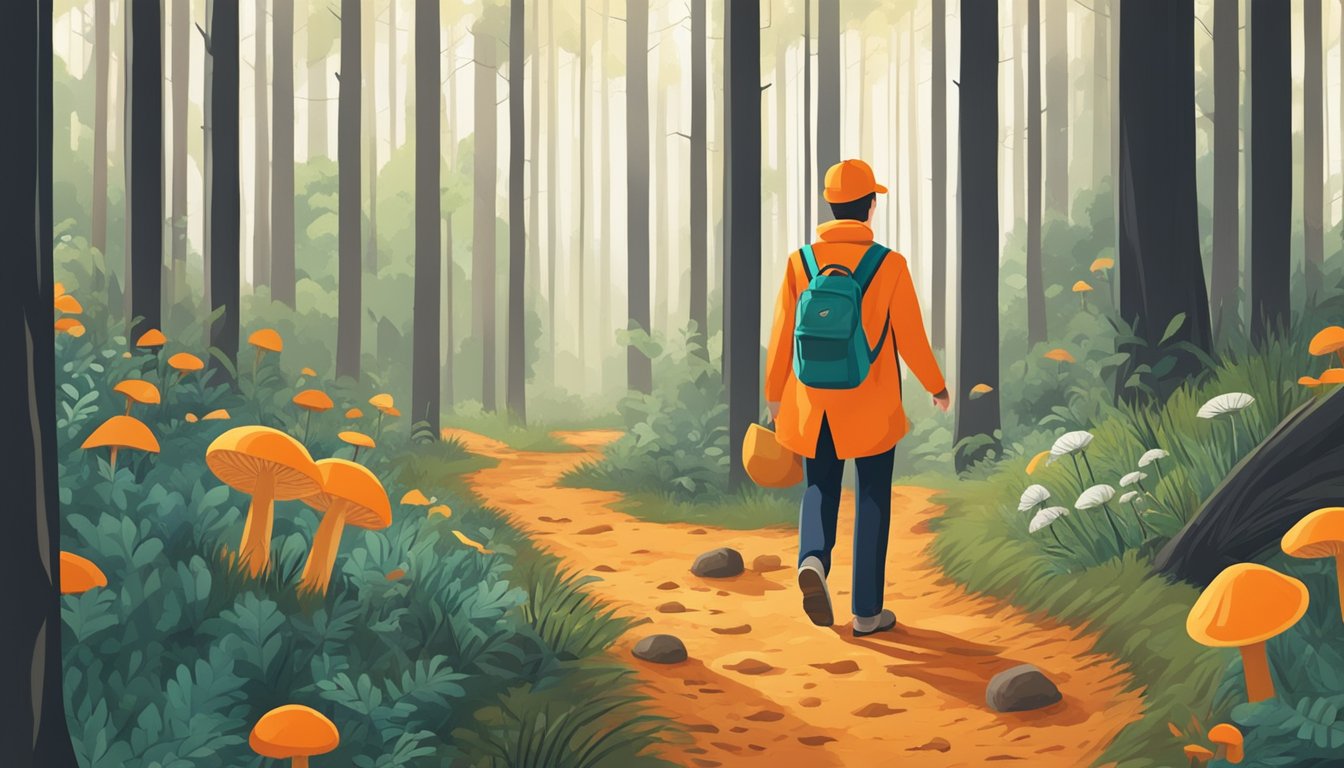 A person wearing a bright orange vest and carrying a basket walks through a dense forest, carefully inspecting the ground for mushrooms