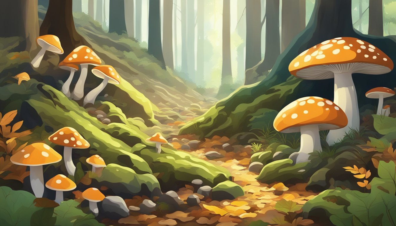 A forest floor with various types of mushrooms growing among fallen leaves and moss. Sunlight filters through the trees, creating dappled patterns on the ground