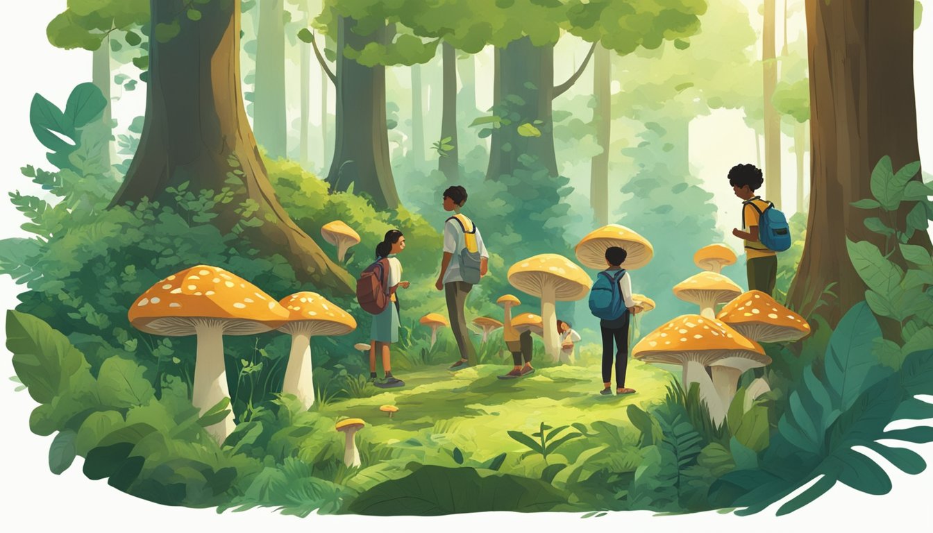 A group of people gather in a lush forest, searching for mushrooms. They are surrounded by towering trees and vibrant green foliage, with the sound of birds and rustling leaves filling the air