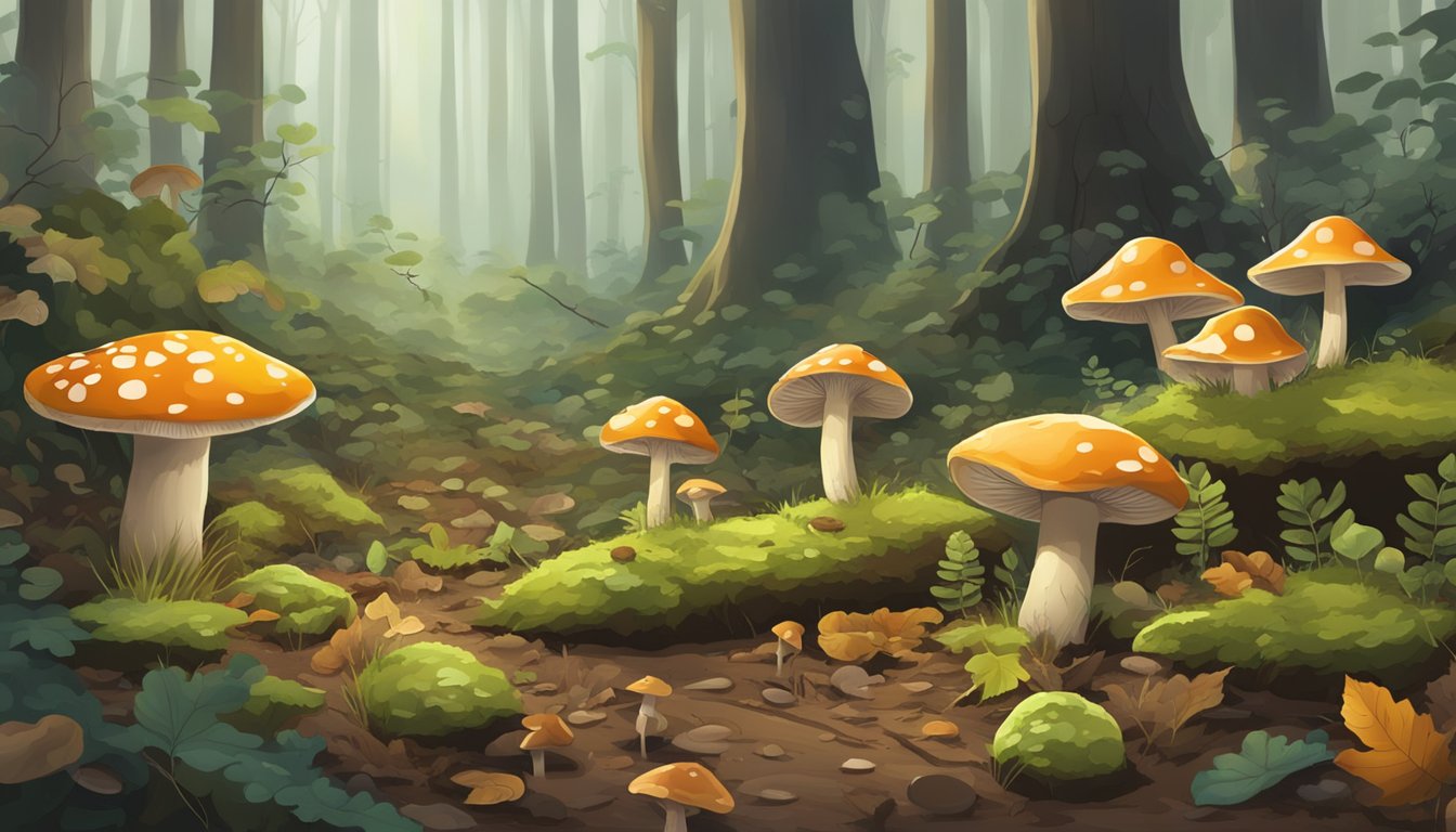 A forest floor littered with fallen leaves and small patches of moss, with various types of mushrooms sprouting up from the damp earth