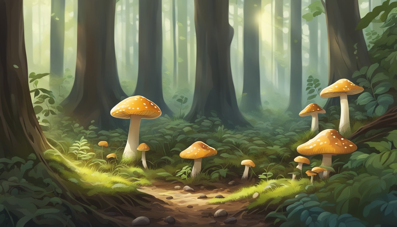 A dense forest floor with various types of mushrooms sprouting from the damp earth, surrounded by towering trees and dappled sunlight