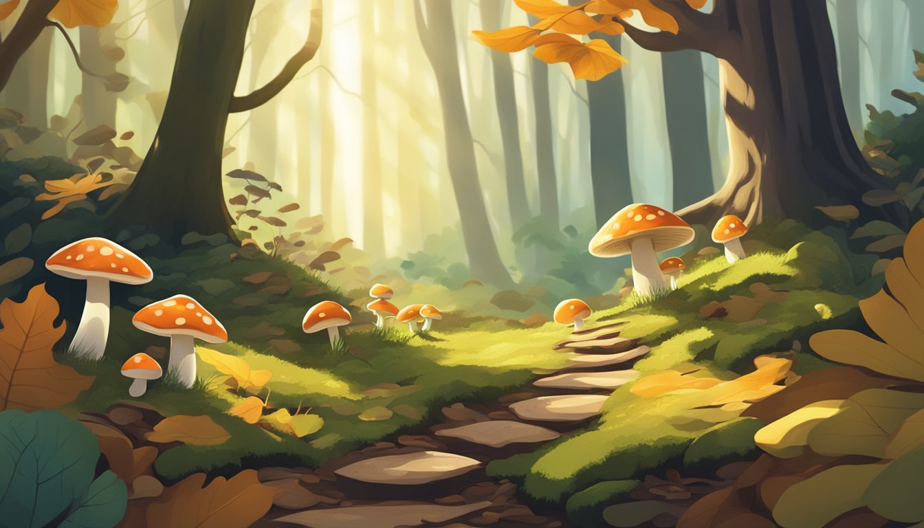 A forest floor with various types of mushrooms growing among fallen leaves and moss. Sunlight filters through the trees, casting dappled shadows