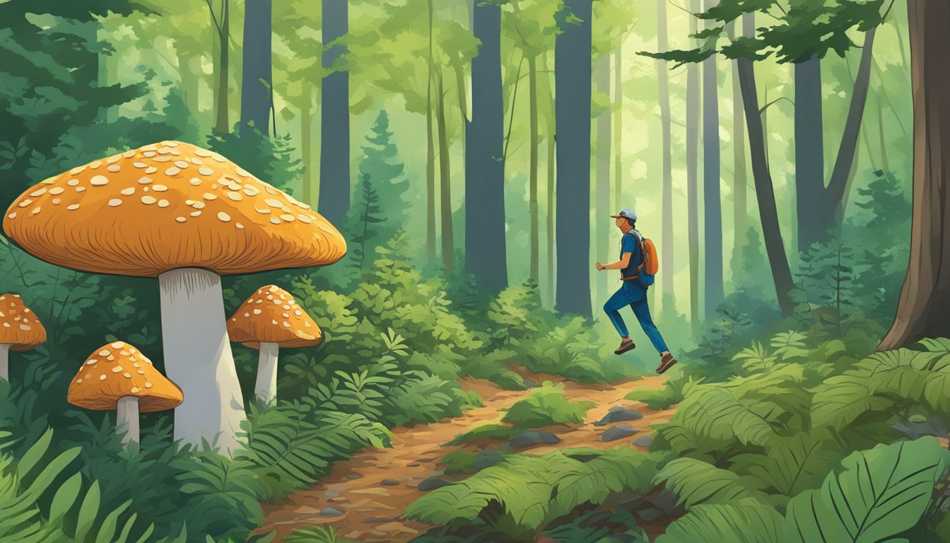 A person foraging for wild mushrooms in a lush Rhode Island forest, surrounded by tall trees and vibrant foliage