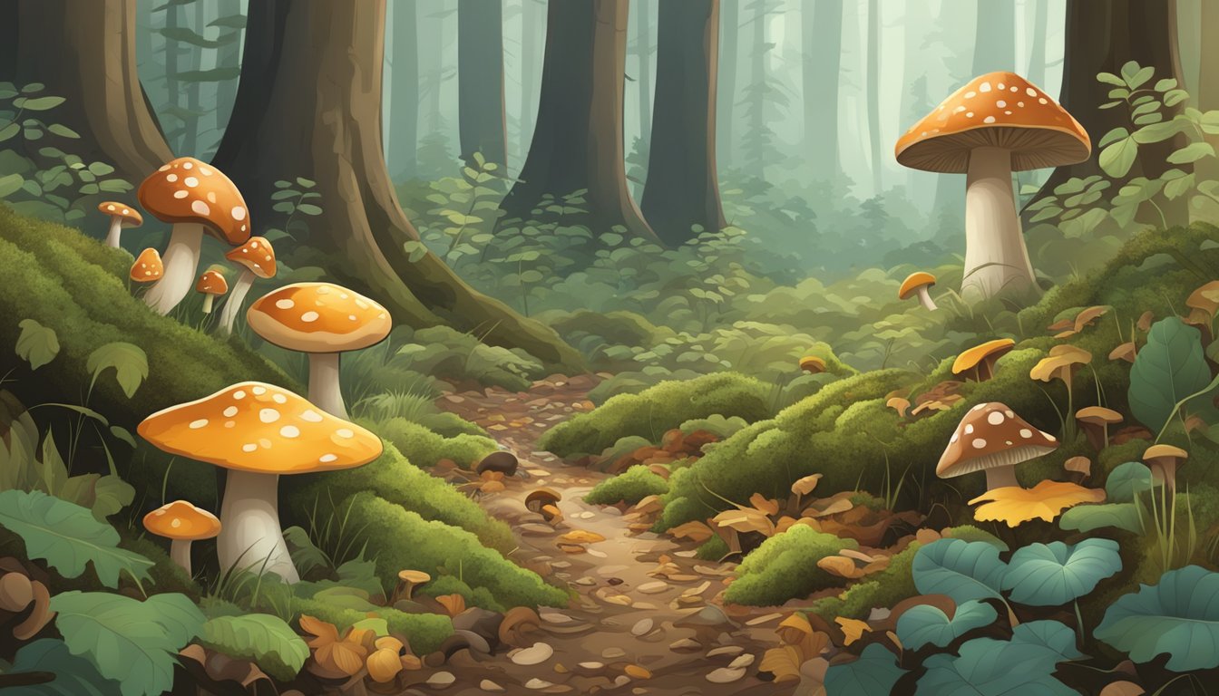 A forest floor with fallen leaves and various types of mushrooms growing among the underbrush