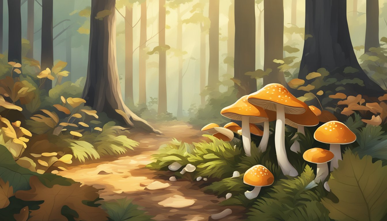 A forest floor with diverse mushrooms, fallen leaves, and dappled sunlight