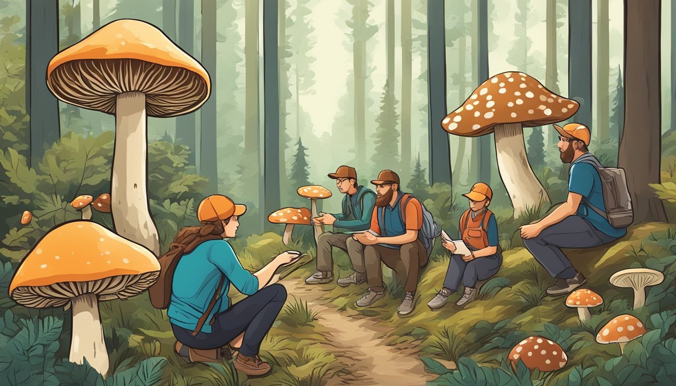 A group of people in a forest, identifying and collecting various mushrooms while discussing mycology and education