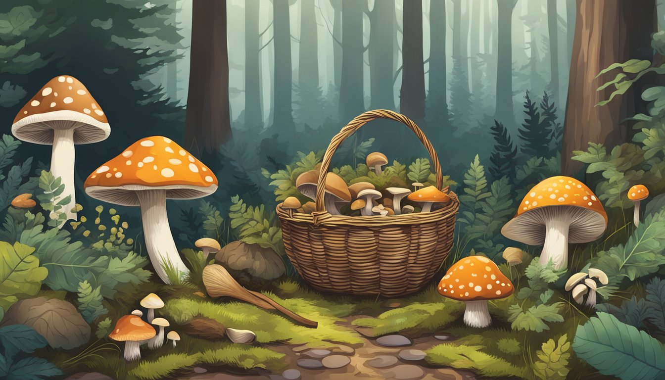 A forest floor with a variety of mushrooms in different shapes, sizes, and colors. A basket and a small knife are placed nearby