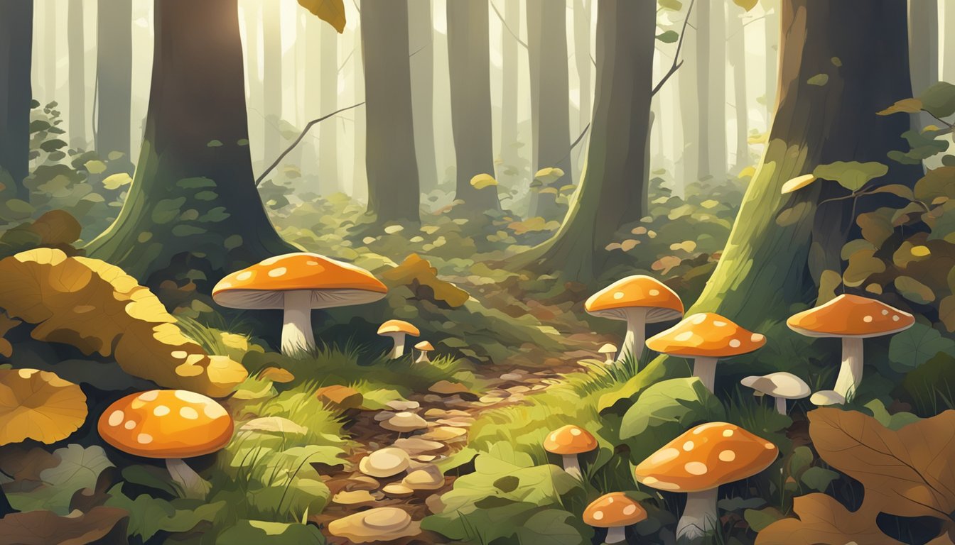 A forest floor with various types of mushrooms growing among fallen leaves and moss. Sunlight filters through the trees, casting dappled shadows