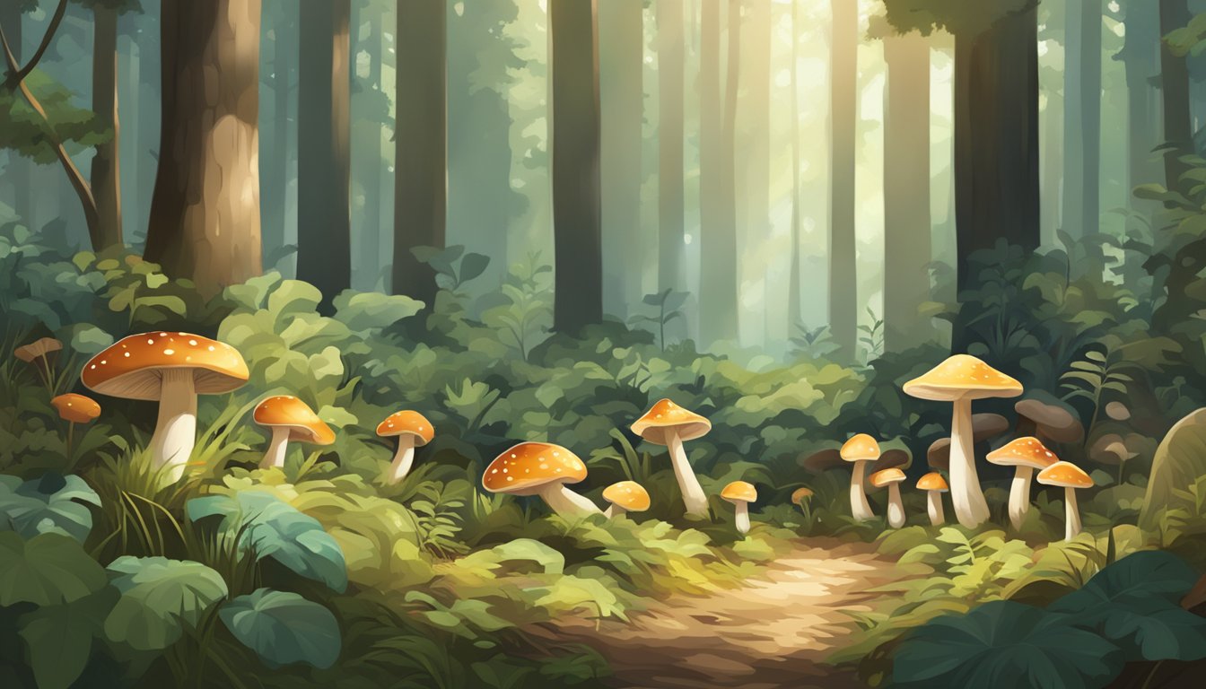 A forest floor scattered with various types of mushrooms, surrounded by tall trees and dappled sunlight