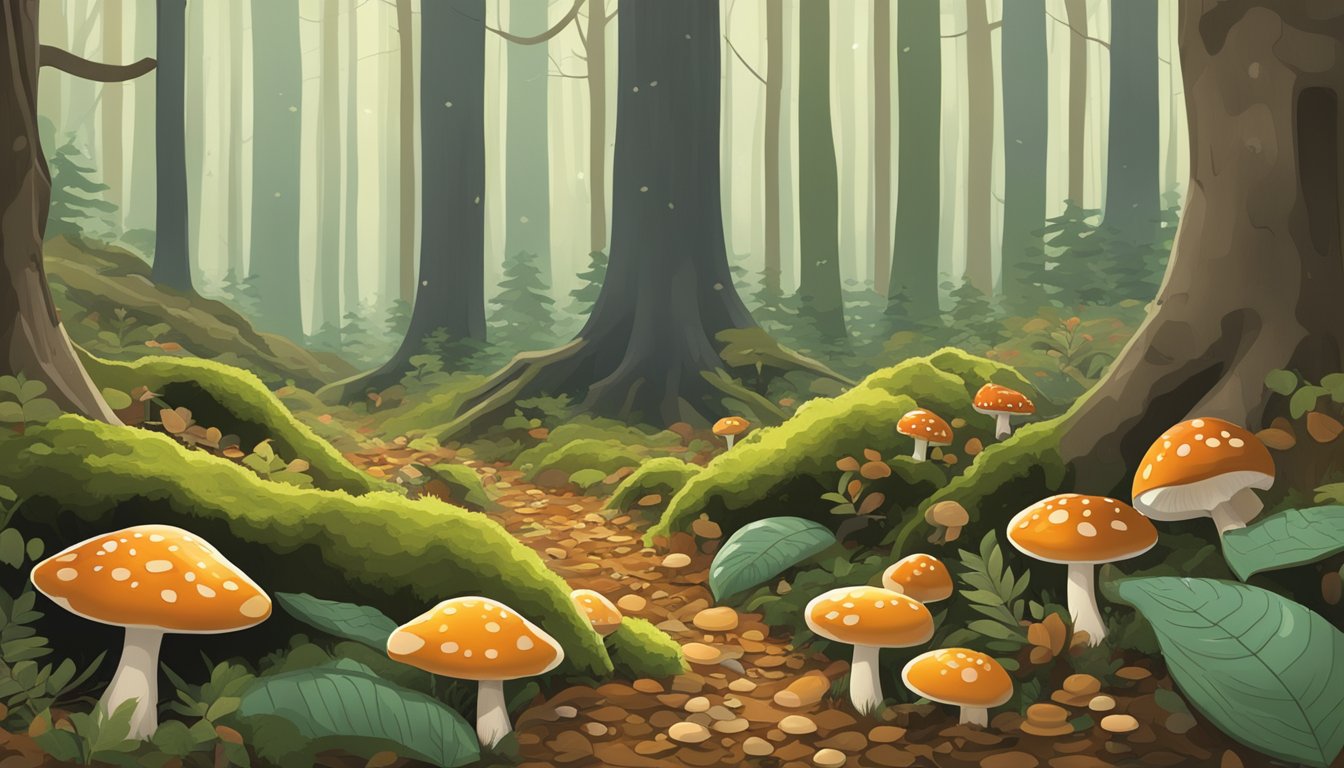 A dense forest floor in Pennsylvania, scattered with fallen leaves and moss-covered logs, with various types of mushrooms sprouting from the ground