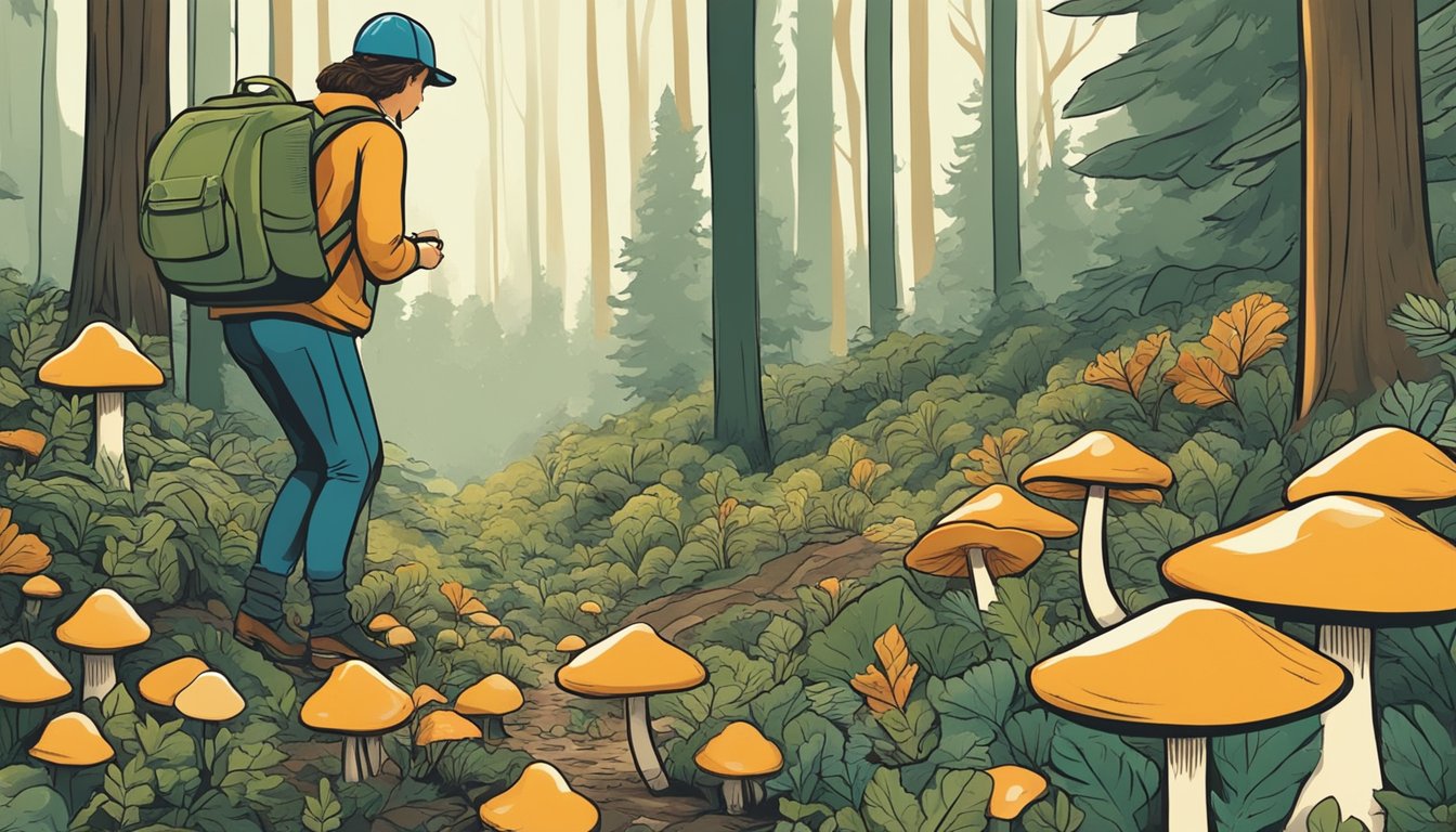 A person in a forest, carefully examining and collecting mushrooms while leaving some behind. The surroundings show signs of respect for nature and conservation