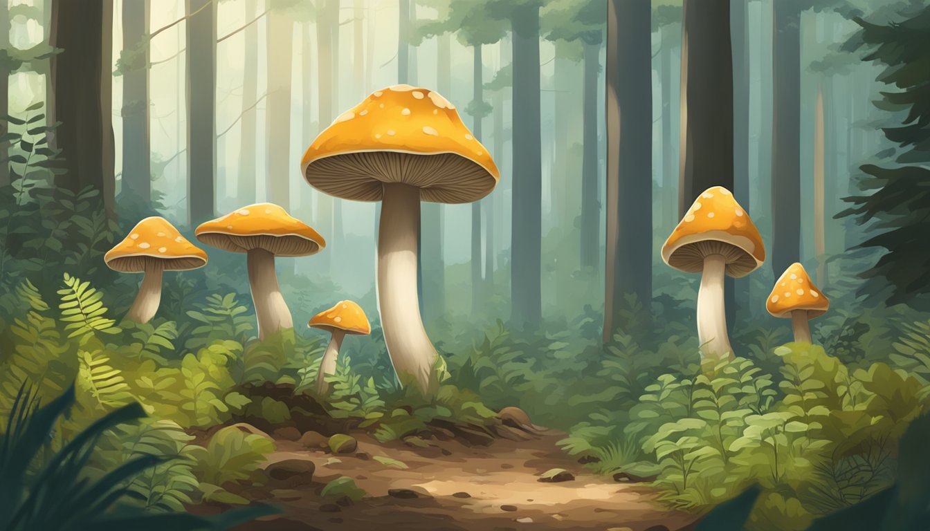 Mushrooms growing in dense forest, warning signs posted, wildlife foraging nearby