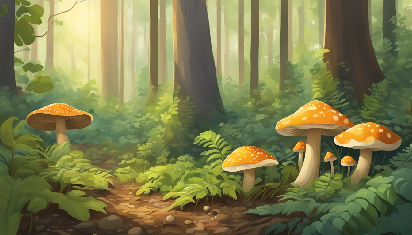 A lush forest floor in South Carolina, with various types of mushrooms sprouting from the ground, surrounded by towering trees and dappled sunlight