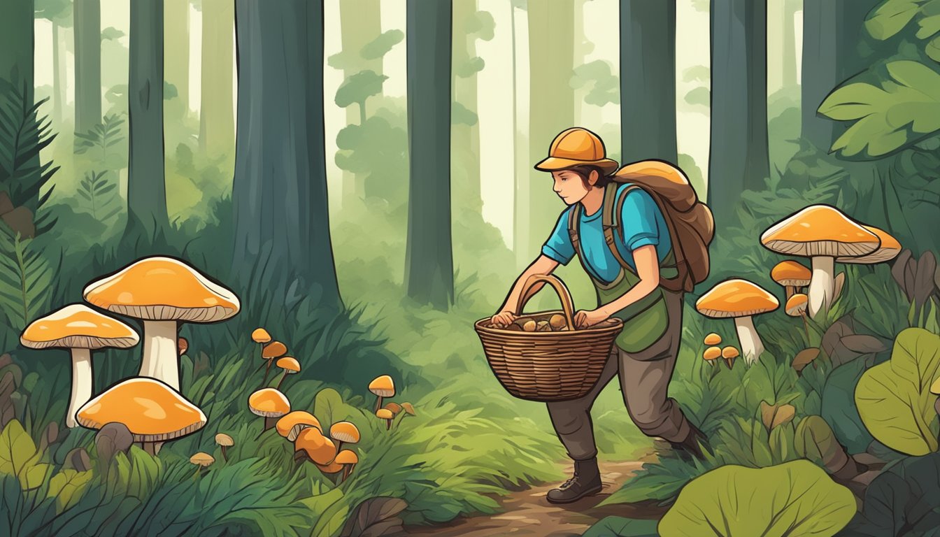 A person carefully examines a variety of mushrooms in the forest, surrounded by trees and wildlife. They carry a basket for collecting and a guidebook for identification