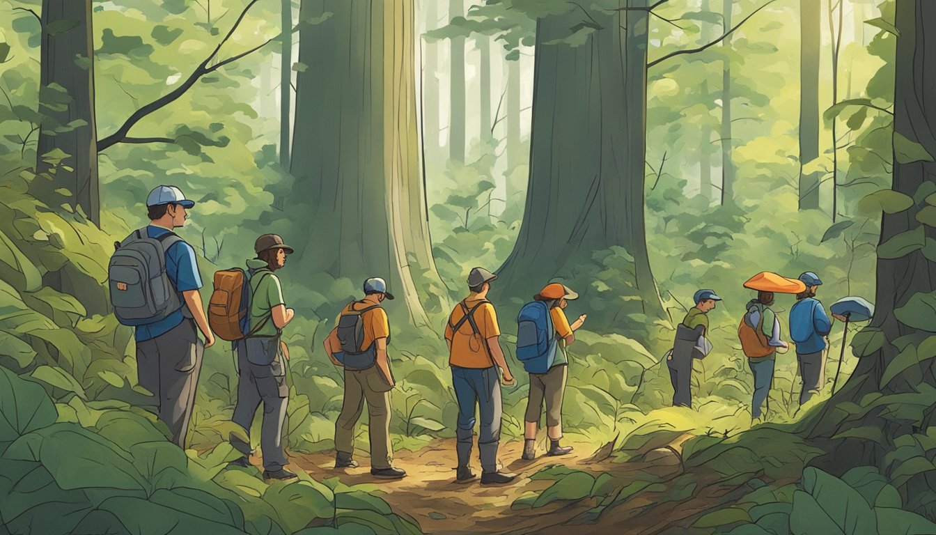 A group of people gather in the Tennessee woods, searching for mushrooms. They are surrounded by towering trees and dense underbrush, eagerly examining the forest floor for unique and interesting fungi