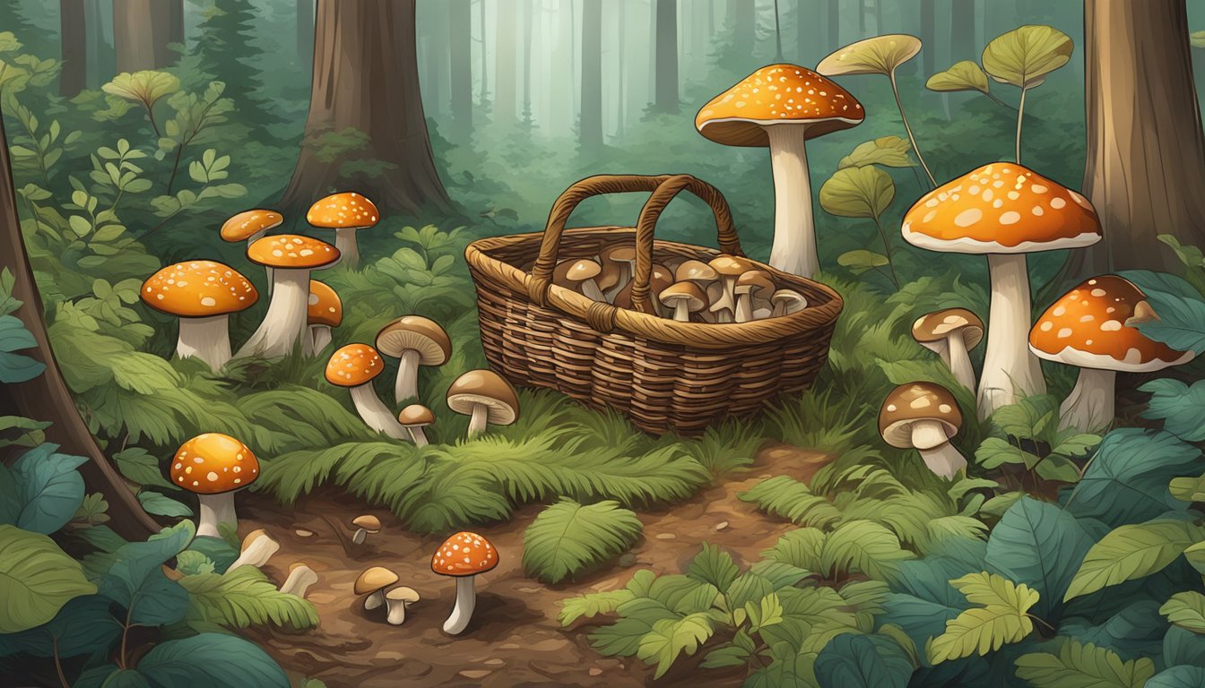 A forest floor scattered with various mushrooms, surrounded by trees and foliage. A basket and foraging tools lay nearby