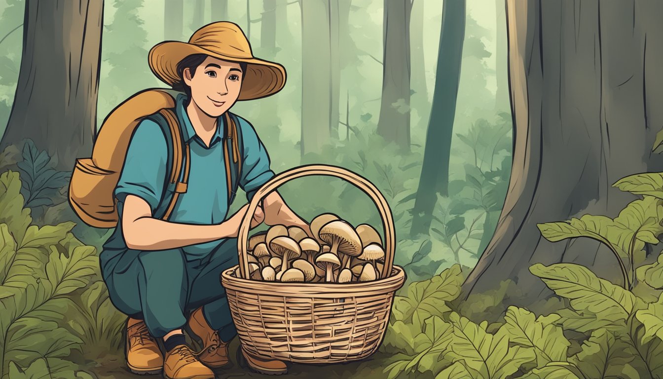 A person in a forest collecting mushrooms with a basket and a guidebook on safe mushroom hunting practices