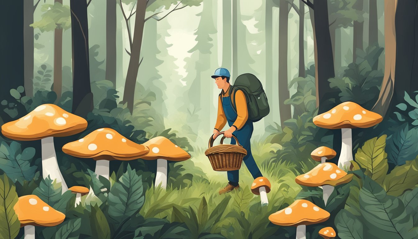 A person carefully picking mushrooms in a forest, surrounded by trees and foliage. They carry a basket and wear sturdy shoes