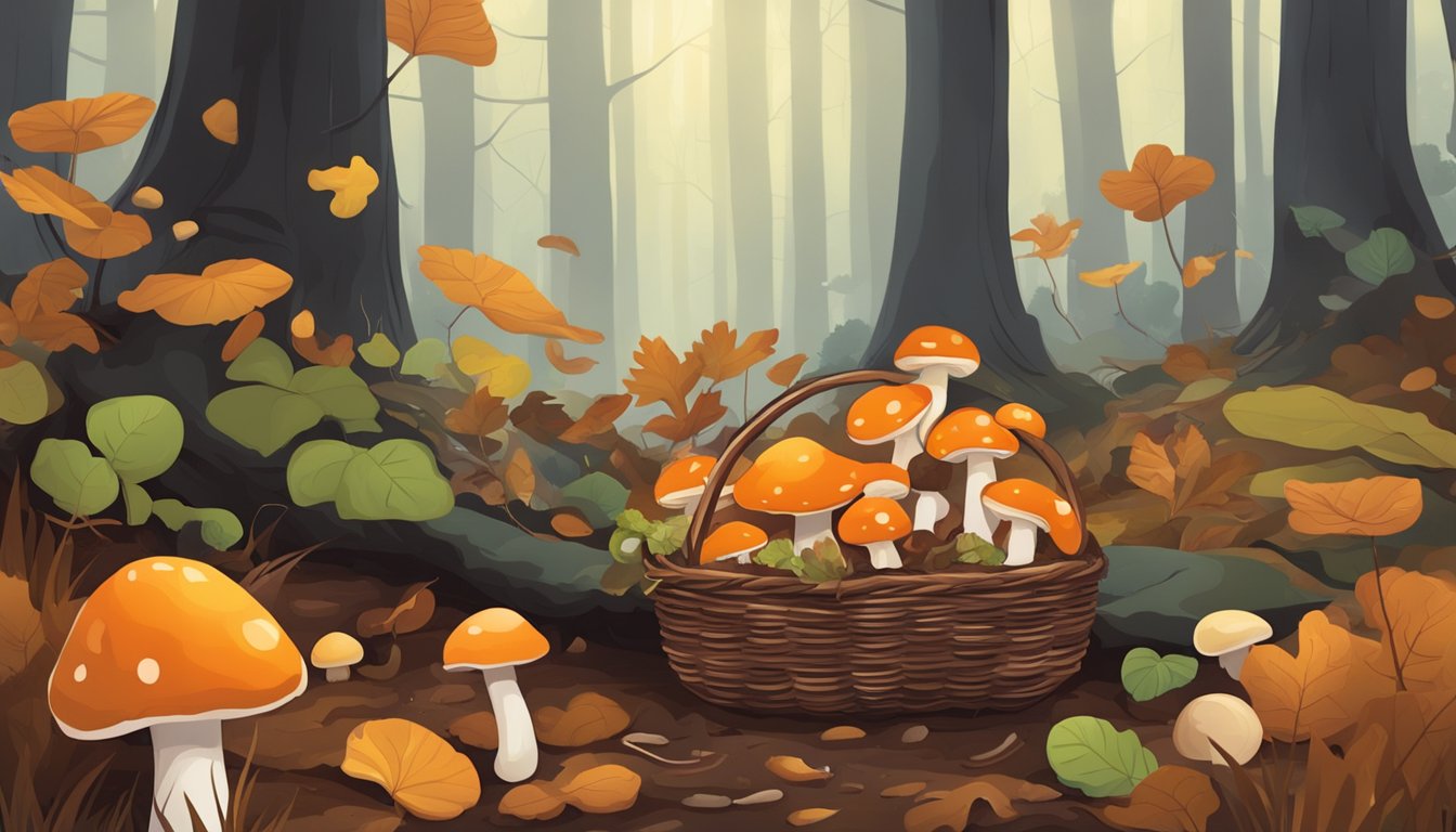 A forest floor with various mushrooms, surrounded by fallen leaves and twigs. A small basket sits nearby, filled with freshly picked mushrooms