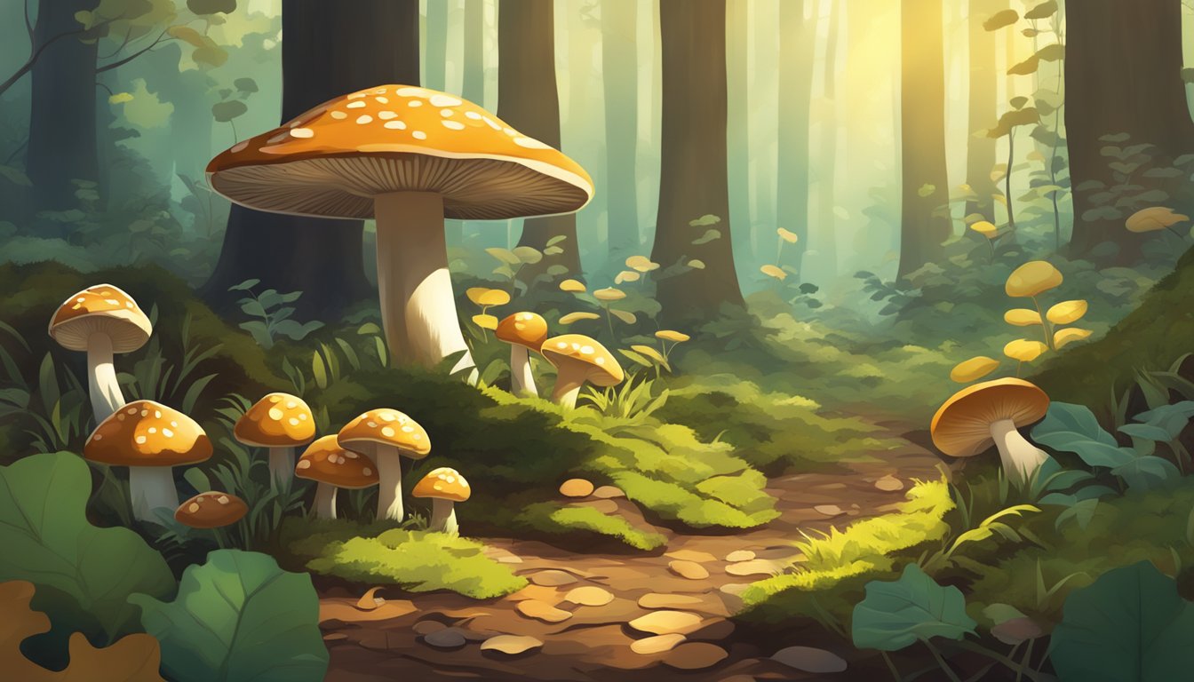 Lush forest floor with various mushrooms growing among fallen leaves and moss. Sunlight filters through the canopy, creating dappled shadows