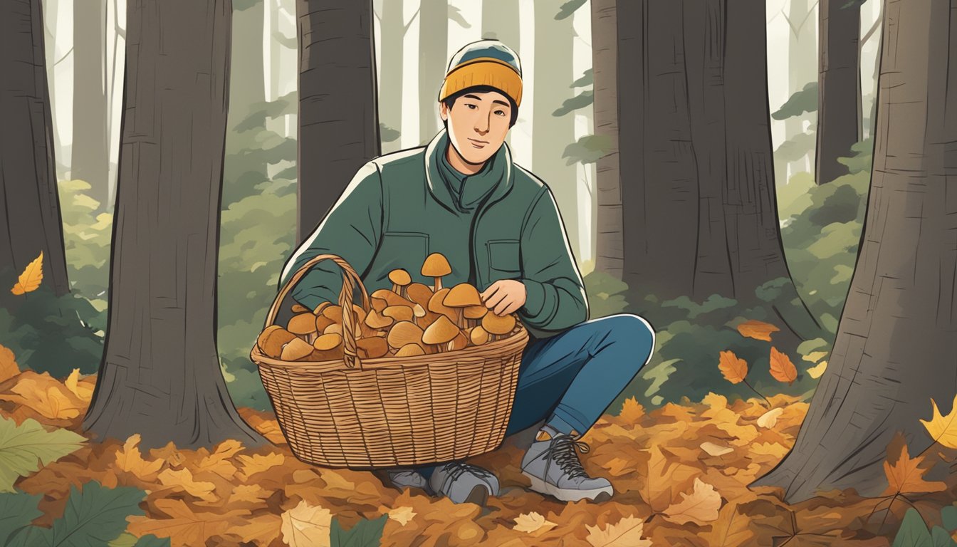 A person gathering mushrooms in a forest clearing, surrounded by trees and fallen leaves, with a basket and a guidebook at their side