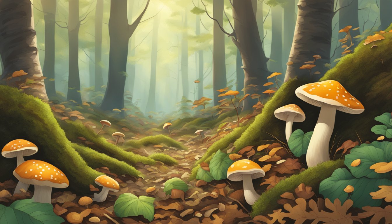 A lush Vermont forest floor with various mushrooms scattered among fallen leaves and moss