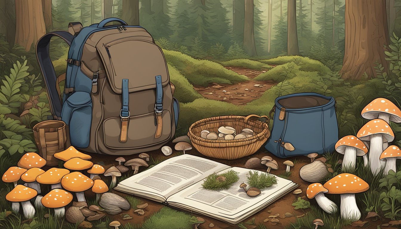 A backpack, hiking boots, a foraging basket, and a field guide laid out on a forest floor surrounded by various types of mushrooms