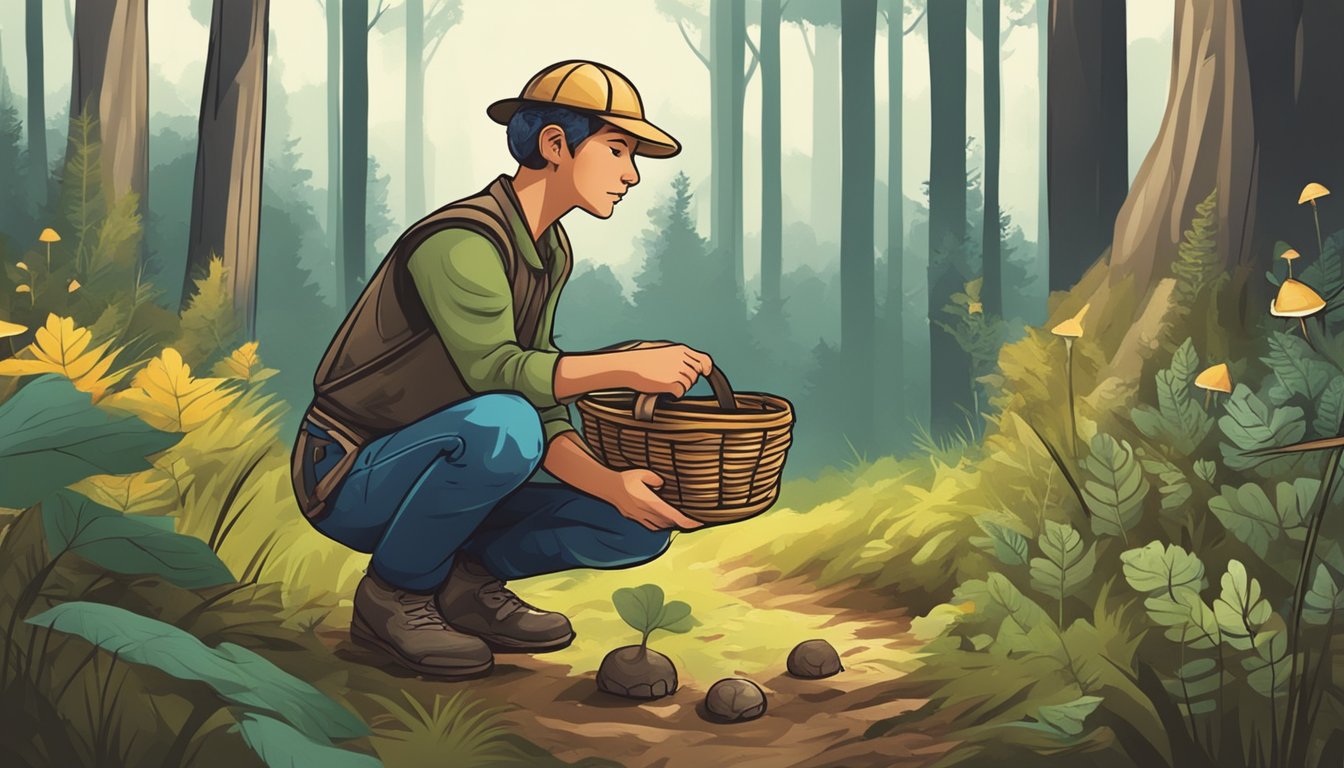 A person crouching in a forest, carefully inspecting the ground for mushrooms. They carry a wicker basket and a small knife for harvesting