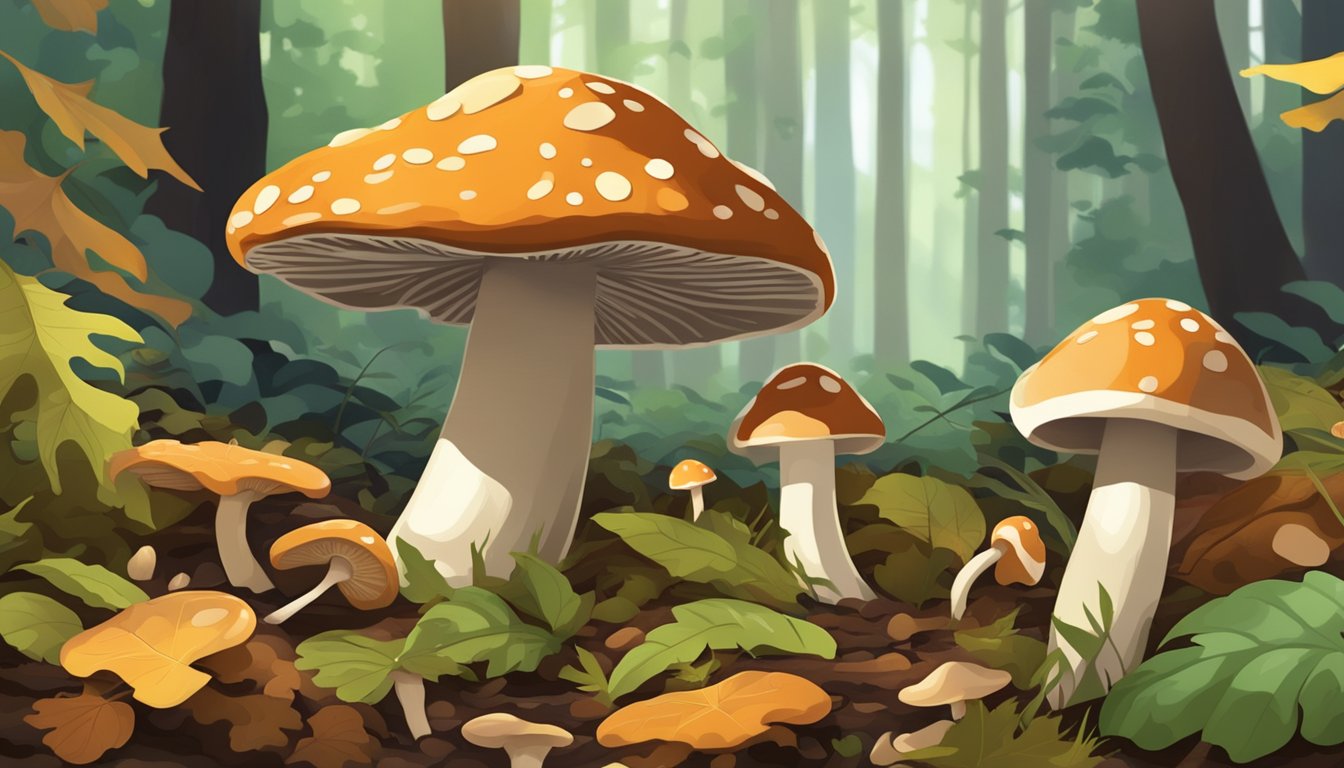 Lush forest floor with diverse mushrooms, fallen leaves, and dappled sunlight