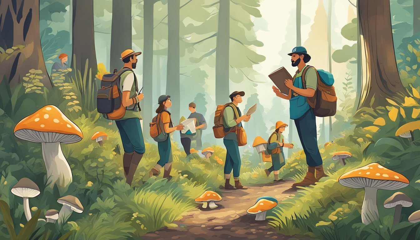 A group of people gather in a lush forest, eagerly searching for mushrooms. They carry baskets and field guides, stopping to examine and collect various fungi