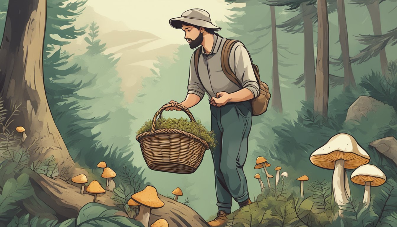 A person in a forest, holding a basket, carefully picking wild mushrooms while following legal and safety guidelines