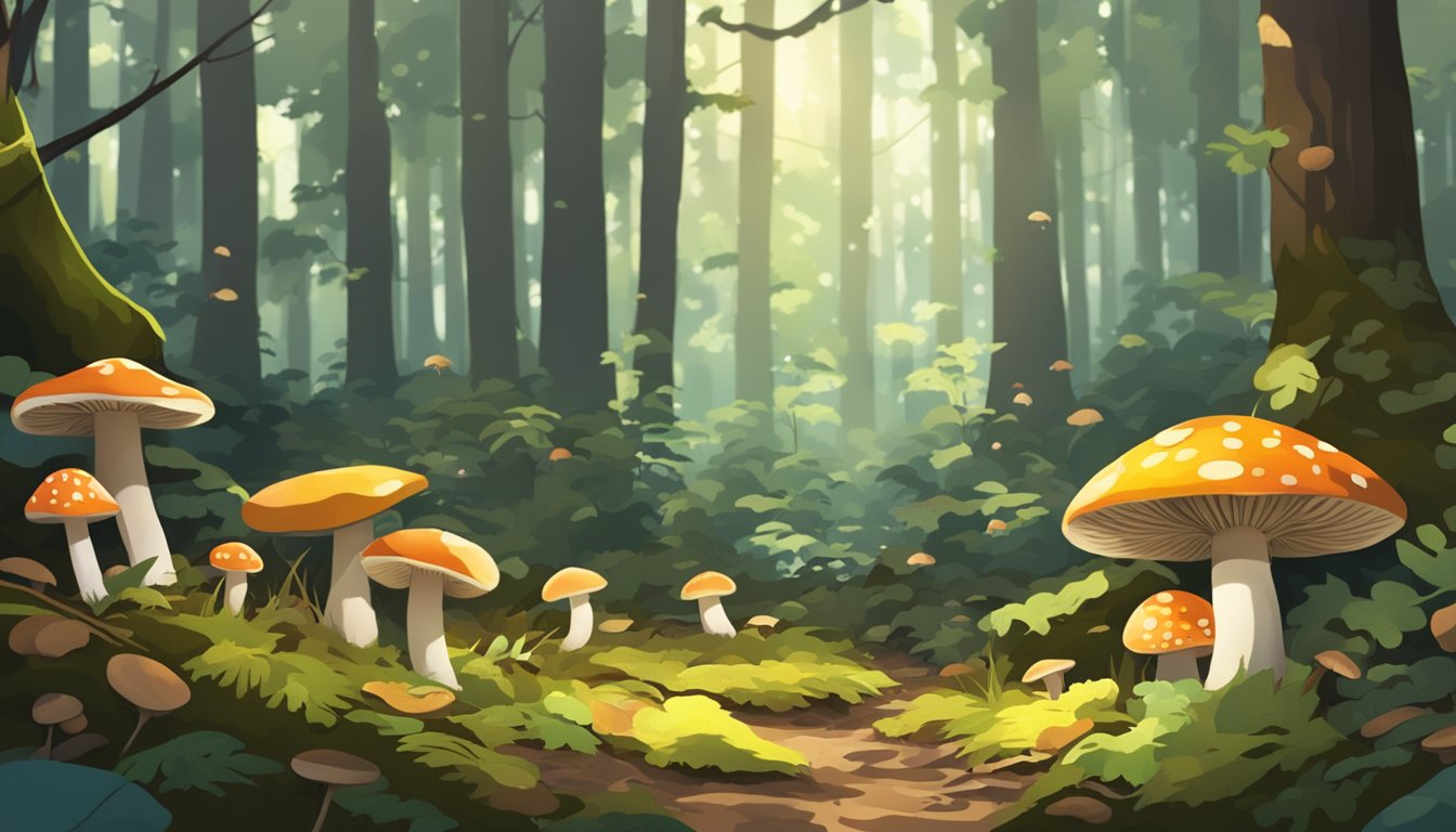 A dense forest floor with fallen leaves and moss, scattered with various types of mushrooms in different sizes, shapes, and colors. Sunlight filters through the canopy, creating dappled shadows on the ground